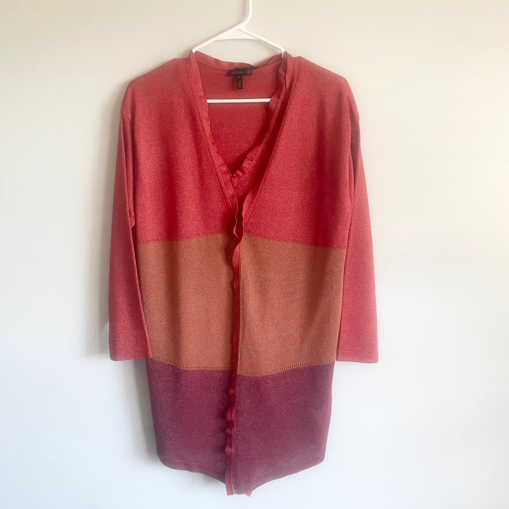 Escada Two Piece Open Cardigan Set Red Multicolor Lightweight Sz Large Like New